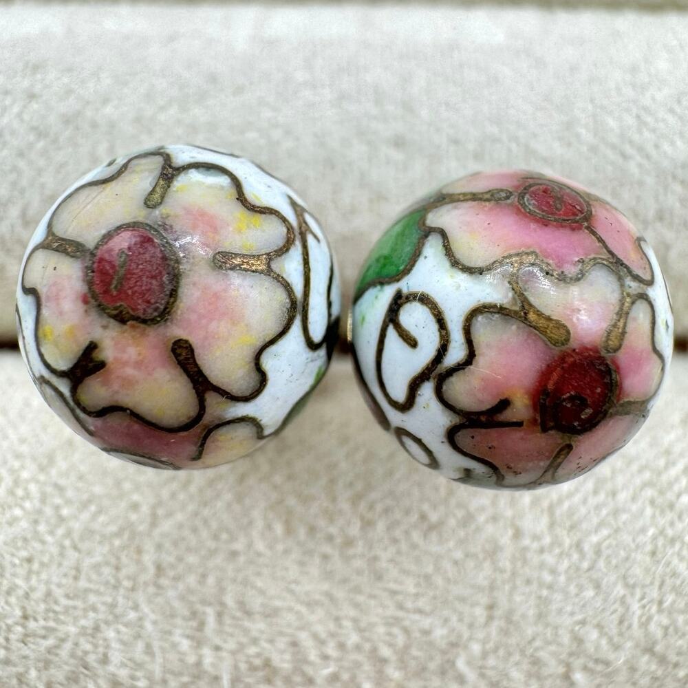 Vintage Cloisonné Ball Sphere Stud Earrings White Pink Floral Flower Cottagecore